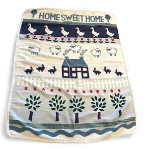 VINTAGE 80's Home Sweet Farm Silly Goose Rabbits Cottagecore Blanket Sheep